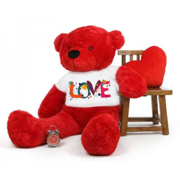 Red 5 feet Big Teddy Bear wearing a Beautiful Love Design T-shirt